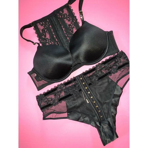 Victoria's Secret racerback 34C,34DDD BRA SET+M panty+ROBE SATIN BLACK embroider - Picture 4 of 7